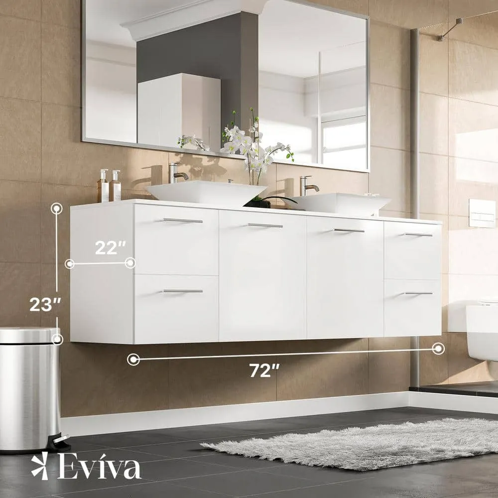 Eviva Luxy 72 in. W x 20 in. D x 23 in. H Floating Bath Vanity in White with White Tempered Glass Top, photo 2 of 3