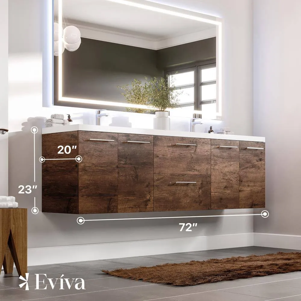 Eviva Axis 72 in. W x 20 in. D x 23 in. H Floating Double Sink Bath Vanity in Rosewood with White Acrylic Top, photo 3 of 3
