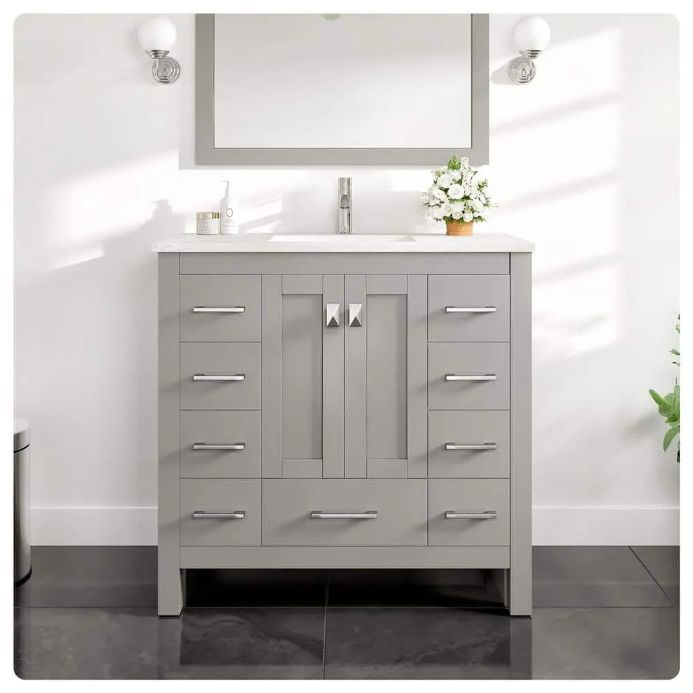 Eviva Hampton 36 in. W. x 18 in. D x 34 in. H Bathroom Vanity in Gray with White Quartz Vanity Top and White Undermount Sink, photo 2 of 3