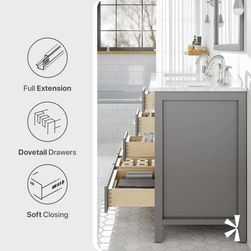 Eviva Aberdeen 48 in. W x 22 in. D x 34 in. H Double Bath Vanity in Gray with White Carrara Marble Top with White Sinks, photo 2 of 3