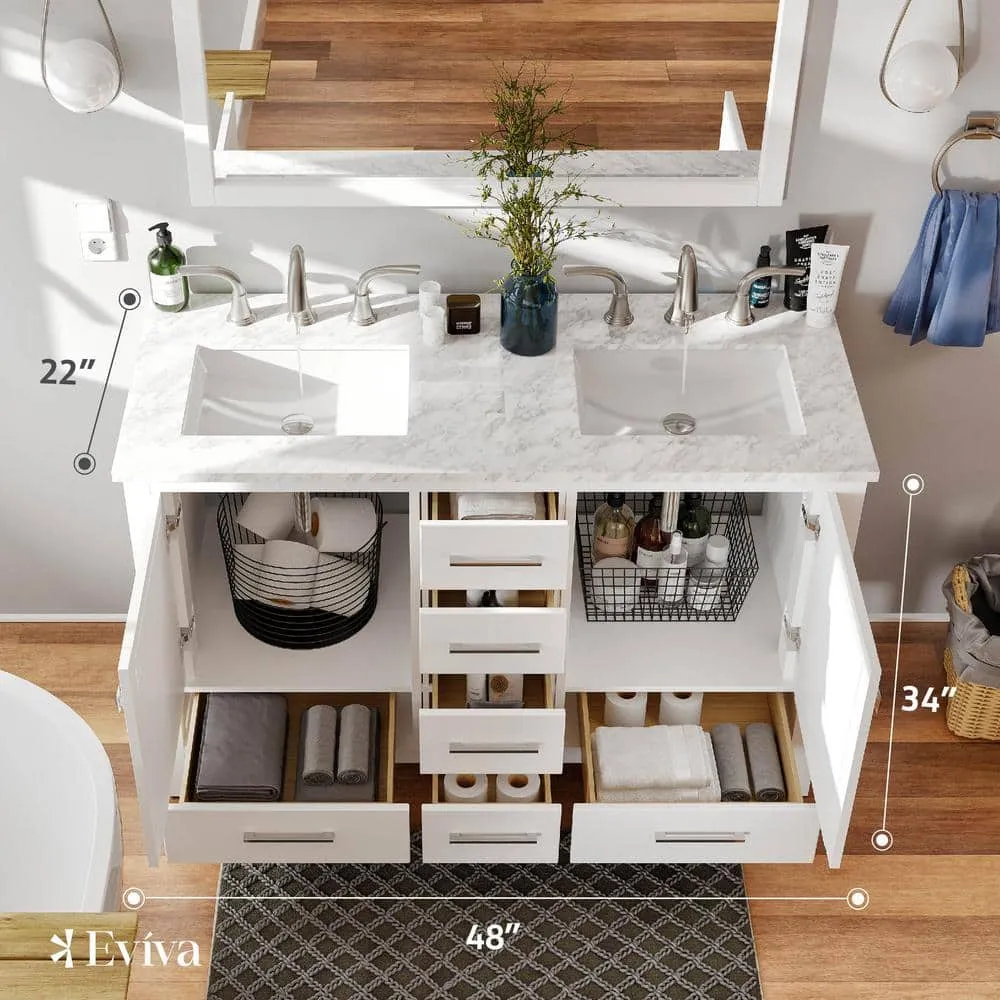 Eviva Aberdeen 48 in. W x 22 in. D x 34 in. H Double Bath Vanity in White with White Carrara Marble Top with White Sinks, photo 3 of 3