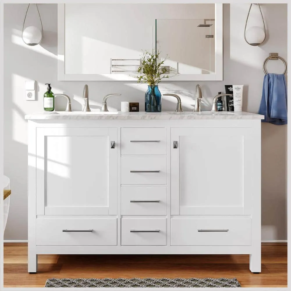 Eviva Aberdeen 48 in. W x 22 in. D x 34 in. H Double Bath Vanity in White with White Carrara Marble Top with White Sinks, photo 2 of 3