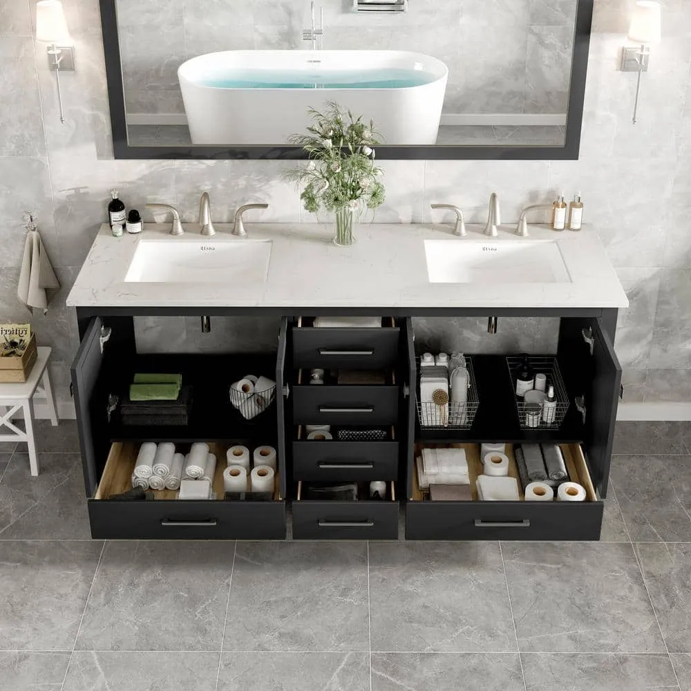 Eviva Aberdeen 72 in. W x 22 in. D x 34 in. H Double Sink Freestanding Bath Vanity in Espresso with White Carrara Quartz Top, photo 3 of 3