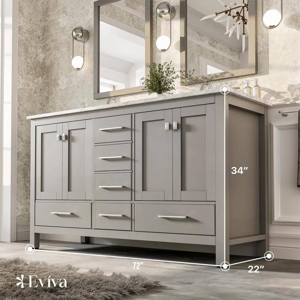 Eviva Aberdeen 72 in. W x 22 in. D x 34 in. H Double Bath Vanity in Gray with White Carrara Marble Top with White Sinks, photo 3 of 3