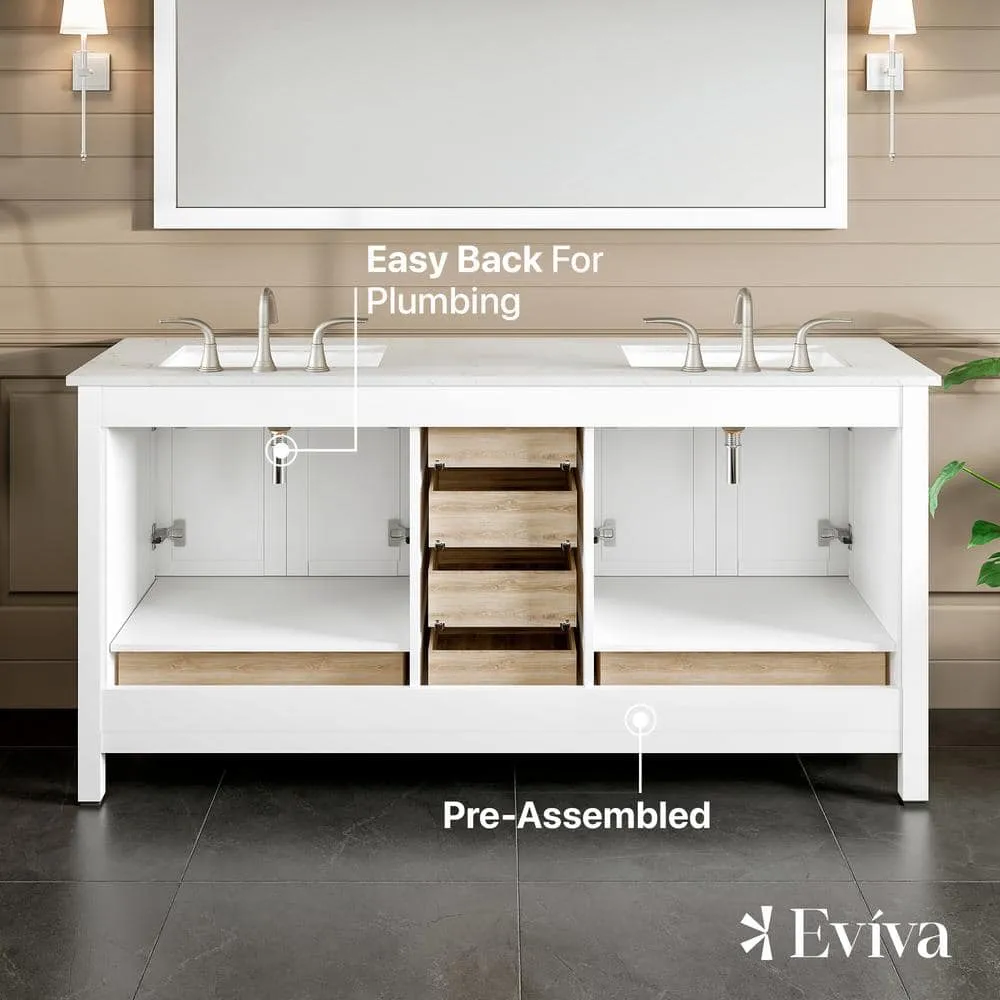 Eviva Aberdeen 72 in. W x 22 in. D x 34 in. H Double Sink Freestanding Bath Vanity in White with White Carrara Quartz Top, photo 3 of 3