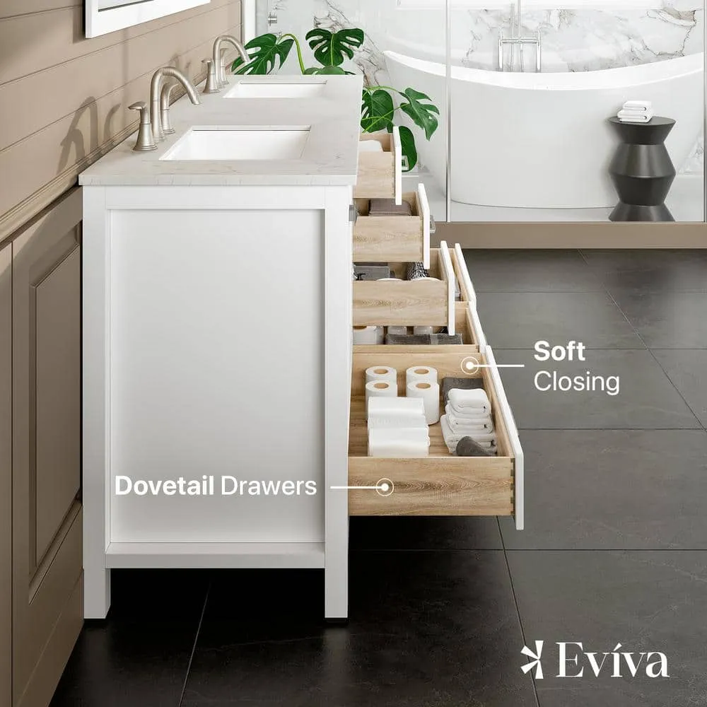 Eviva Aberdeen 72 in. W x 22 in. D x 34 in. H Double Sink Freestanding Bath Vanity in White with White Carrara Quartz Top, photo 2 of 3