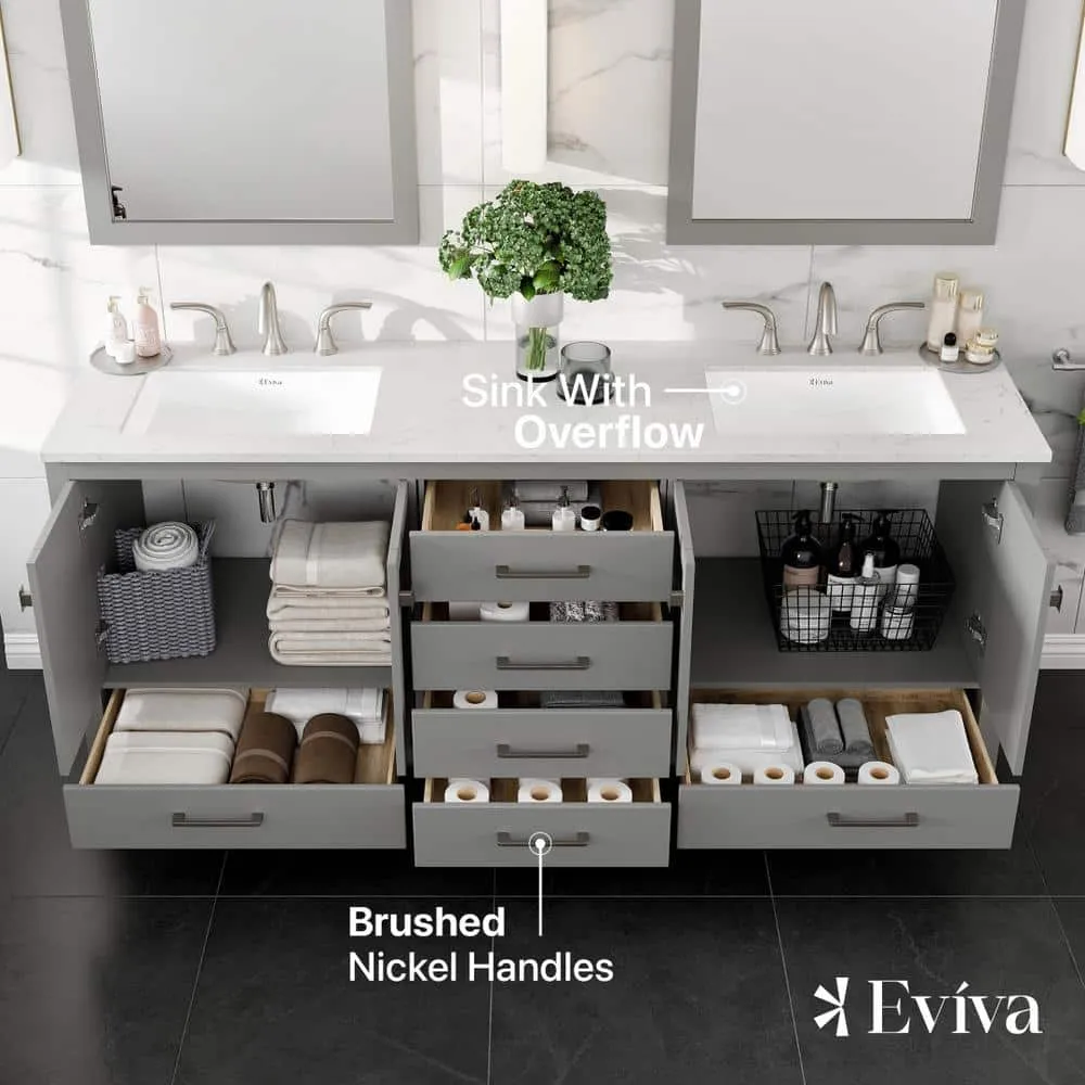 Eviva Aberdeen 78 in. W x 22 in. D x 34 in. H Double Bathroom Vanity in Gray with Carrara Top and White Undermount Sinks, photo 7 of 9