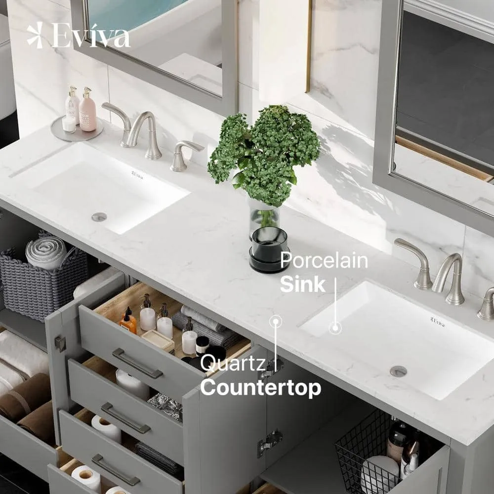 Eviva Aberdeen 78 in. W x 22 in. D x 34 in. H Double Bathroom Vanity in Gray with Carrara Top and White Undermount Sinks, photo 6 of 9