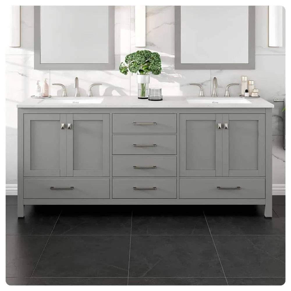 Eviva Aberdeen 78 in. W x 22 in. D x 34 in. H Double Bathroom Vanity in Gray with Carrara Top and White Undermount Sinks, photo 2 of 9
