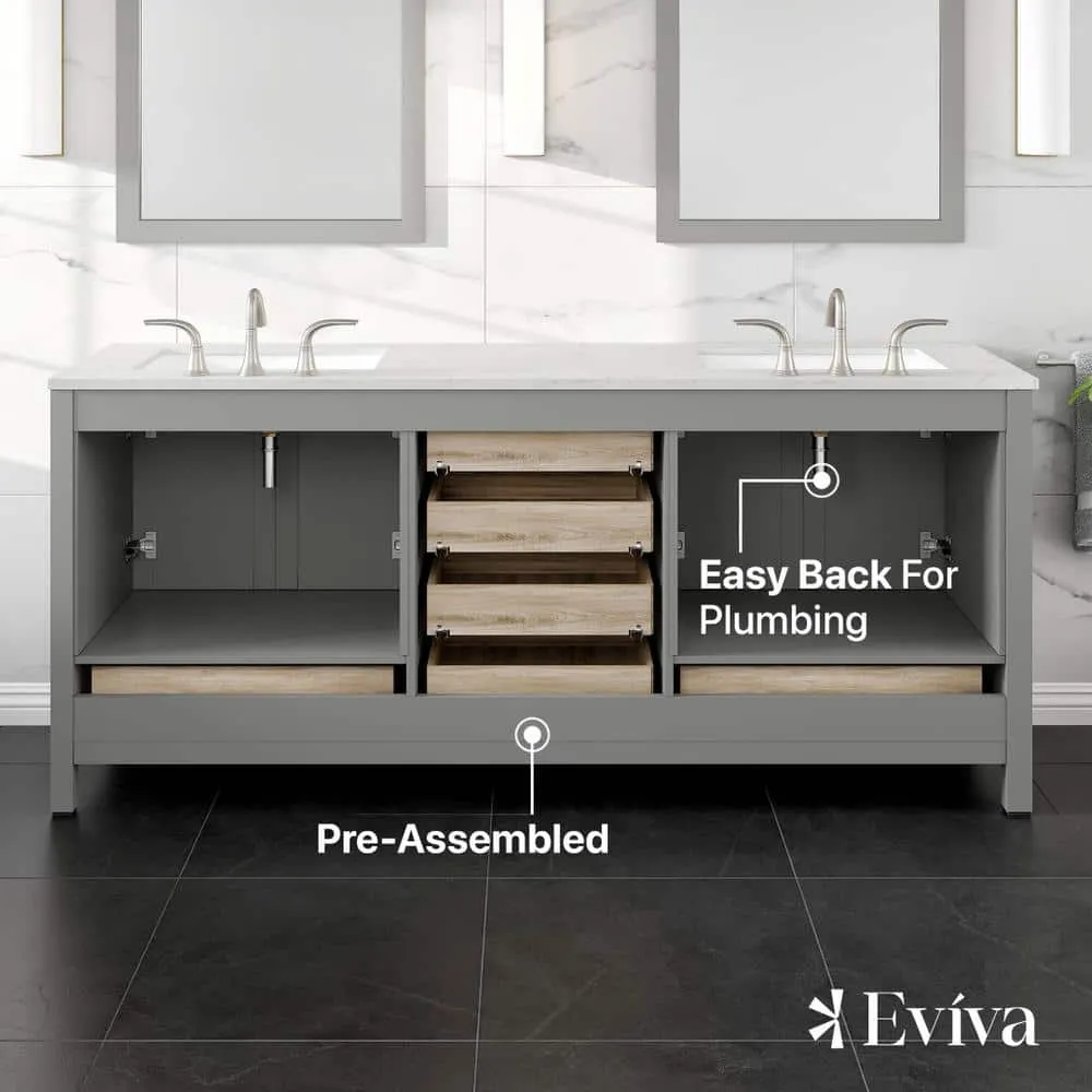 Eviva Aberdeen 78 in. W x 22 in. D x 34 in. H Double Bath Vanity in Gray with Carrara Quartz Top with White Sinks, photo 3 of 3