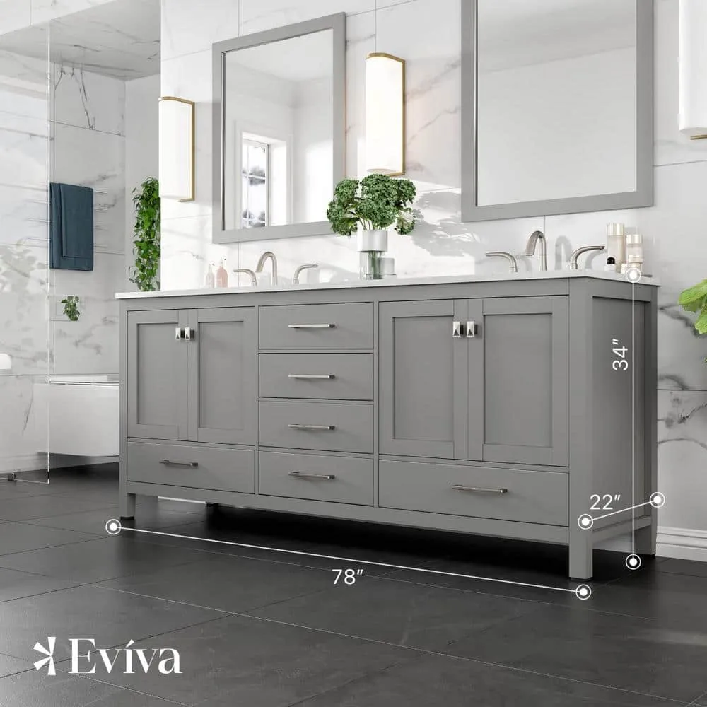 Eviva Aberdeen 78 in. W x 22 in. D x 34 in. H Double Bathroom Vanity in Gray with Carrara Top and White Undermount Sinks, photo 5 of 9