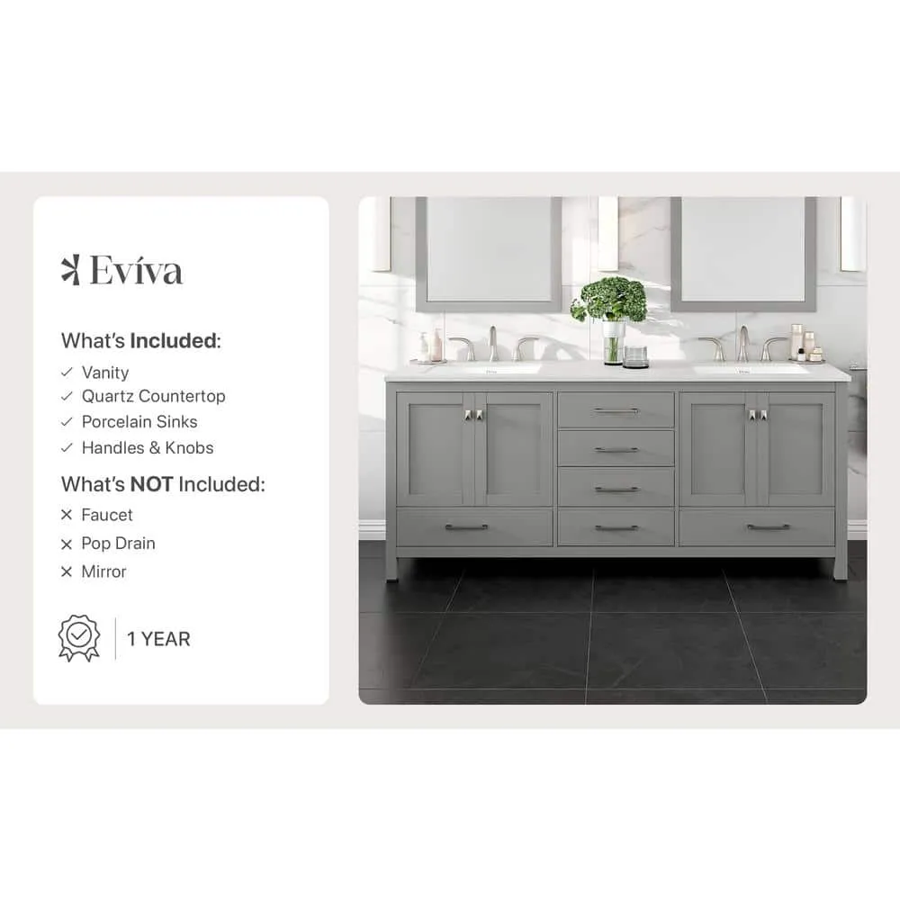 Eviva Aberdeen 78 in. W x 22 in. D x 34 in. H Double Bathroom Vanity in Gray with Carrara Top and White Undermount Sinks, photo 9 of 9