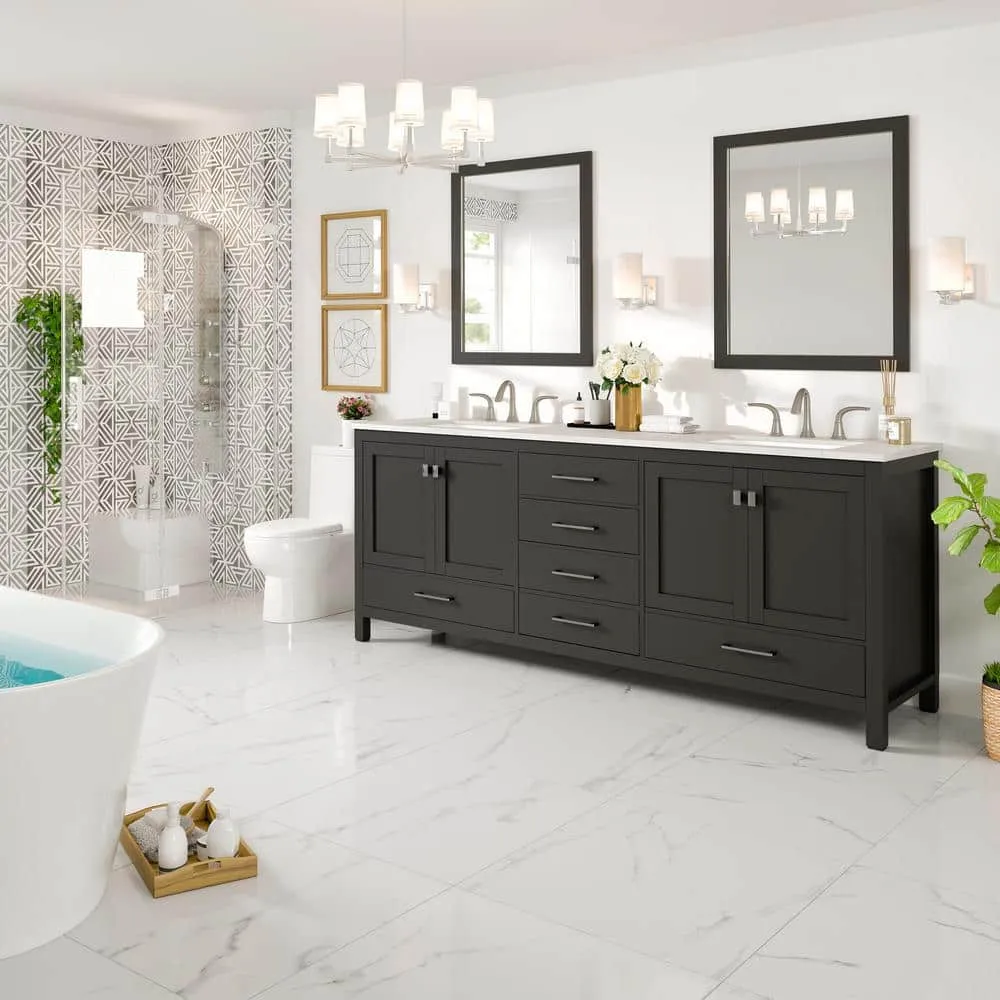 Eviva Aberdeen 78 in. W x 22 in. D x 34 in. H Double Bath Vanity in Espresso with White Carrara Marble Top and White Sinks, photo 8 of 9