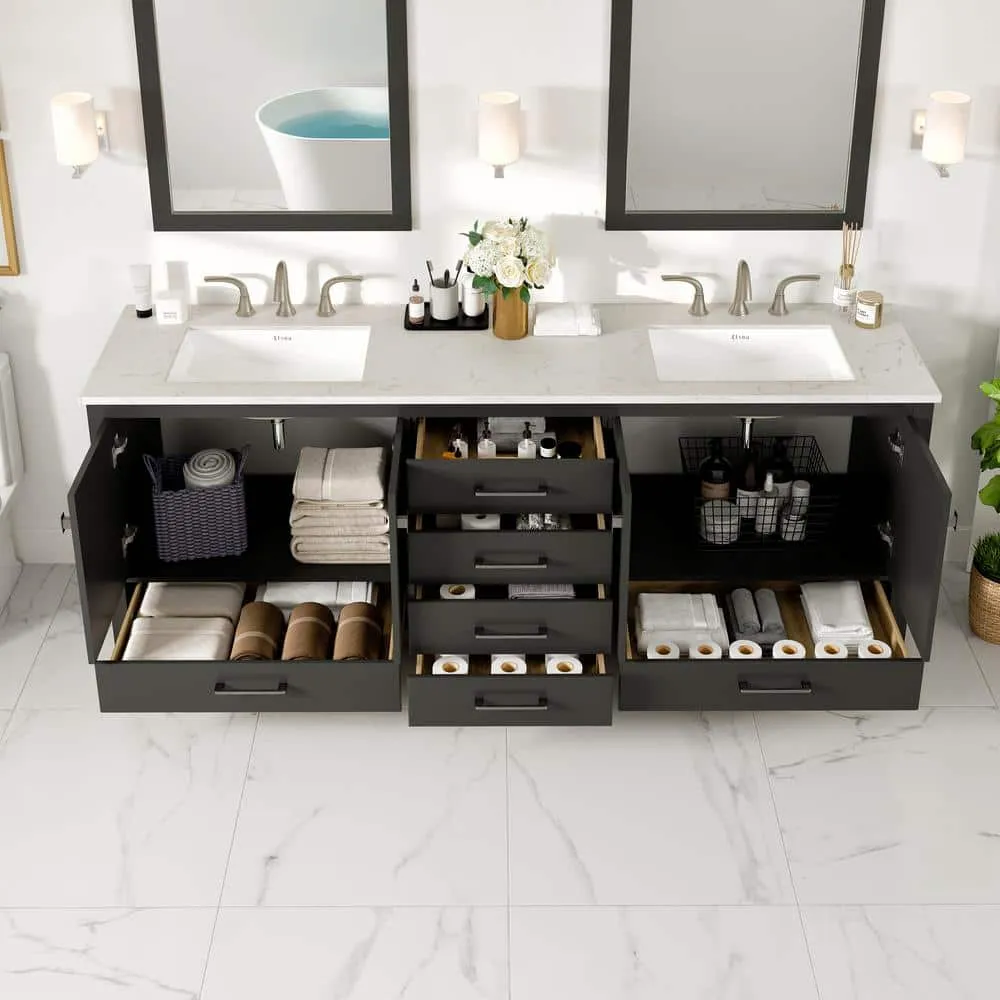 Eviva Aberdeen 78 in. W x 22 in. D x 34 in. H Double Bath Vanity in Espresso with White Carrara Marble Top and White Sinks, photo 9 of 9