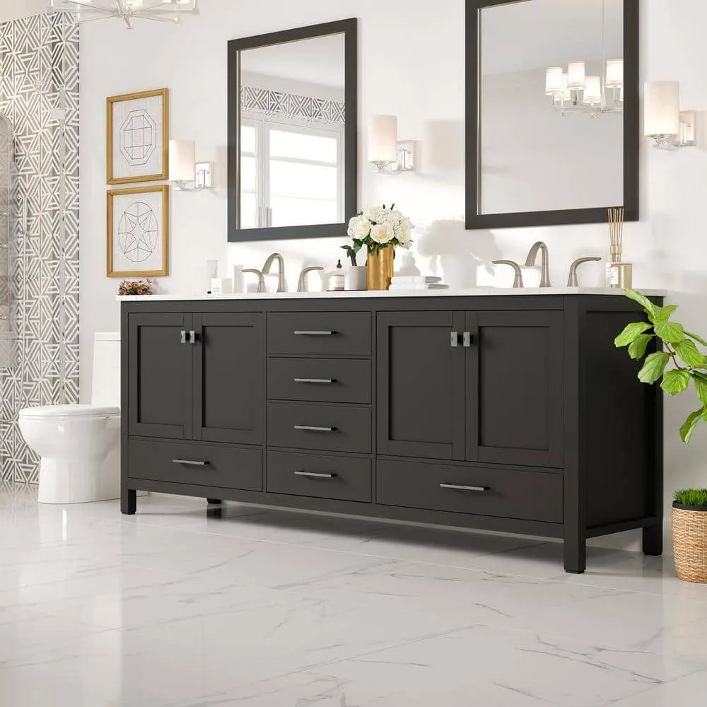 Eviva Aberdeen 84 in. W x 22 in. D x 34 in. H Double Bath Vanity in Espresso with White Carrara Marble Top and White Undermount Sinks, photo 7 of 9