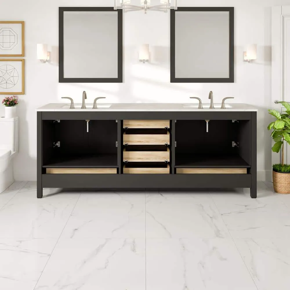 Eviva Aberdeen 78 in. W x 22 in. D x 34 in. H Double Bath Vanity in Espresso with White Carrara Marble Top and White Sinks, photo 5 of 9