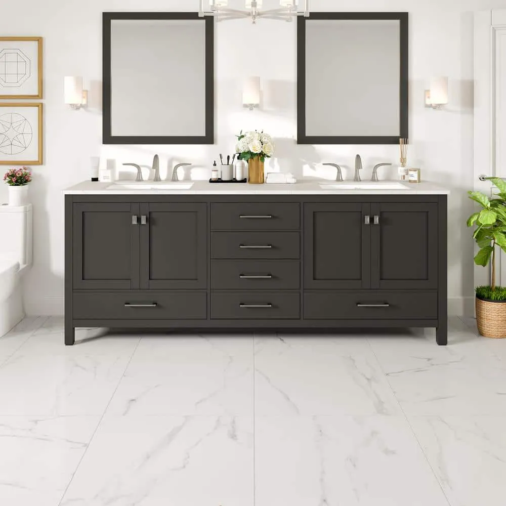 Eviva Aberdeen 84 in. W x 22 in. D x 34 in. H Double Bath Vanity in Espresso with White Carrara Marble Top and White Undermount Sinks, photo 6 of 9
