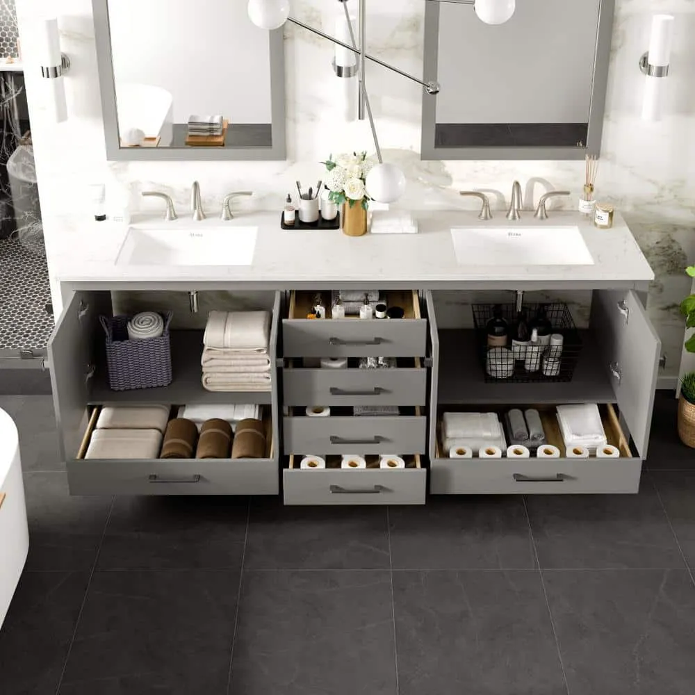 Eviva Aberdeen 84 in. W x 22 in. D x 35 in. H Double Bath Vanity in Gray with White Carrara Quartz Top with White Sinks, photo 2 of 3