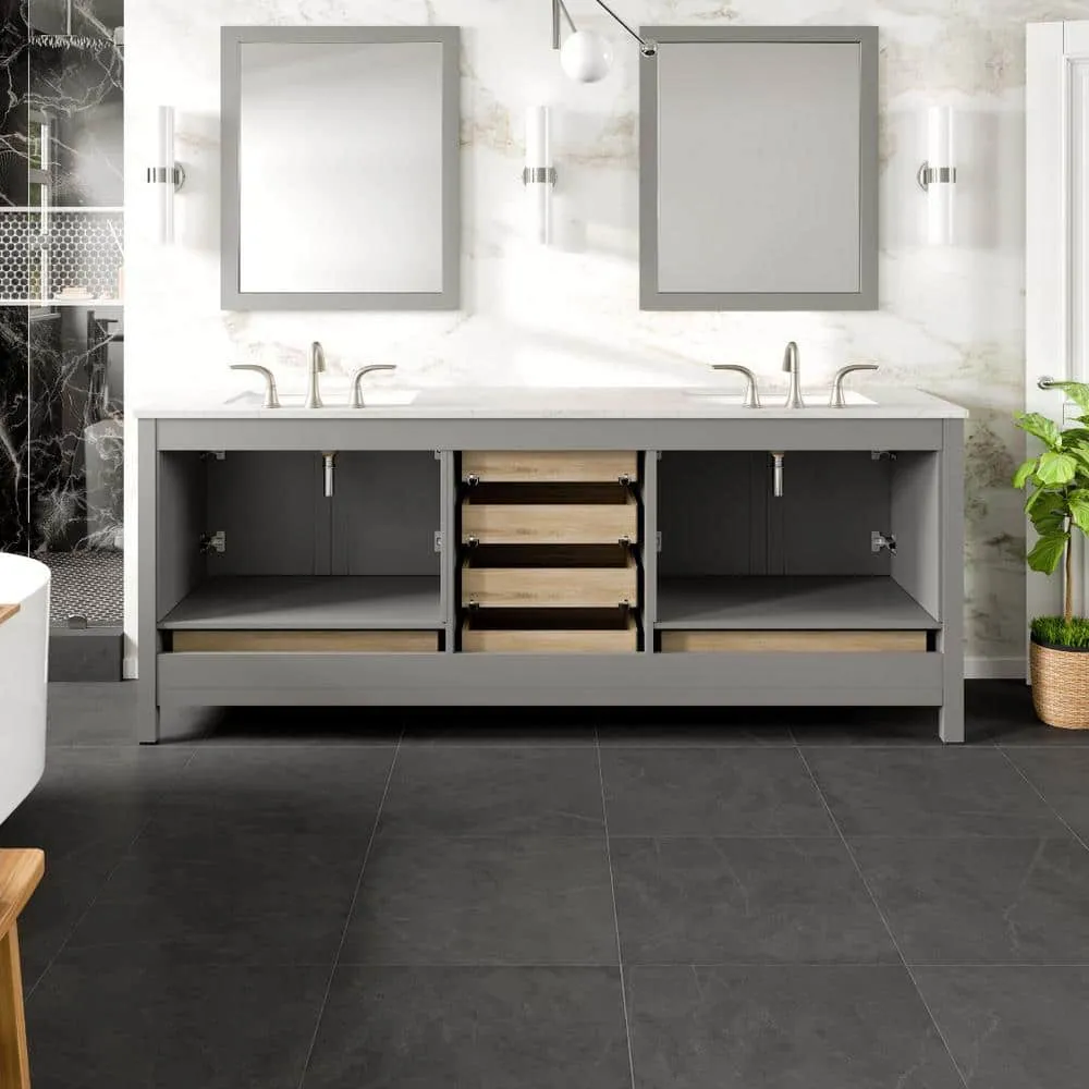 Eviva Aberdeen 84 in. W x 22 in. D x 35 in. H Double Bath Vanity in Gray with White Carrara Quartz Top with White Sinks, photo 3 of 3