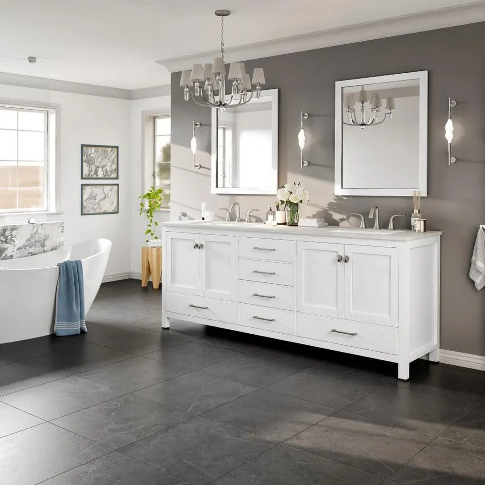 Eviva Aberdeen 84 in. W x 22 in. D x 34 in. H Double Bathroom Vanity in White with White Carrara Marble Top and White Undermount Sinks, photo 9 of 9