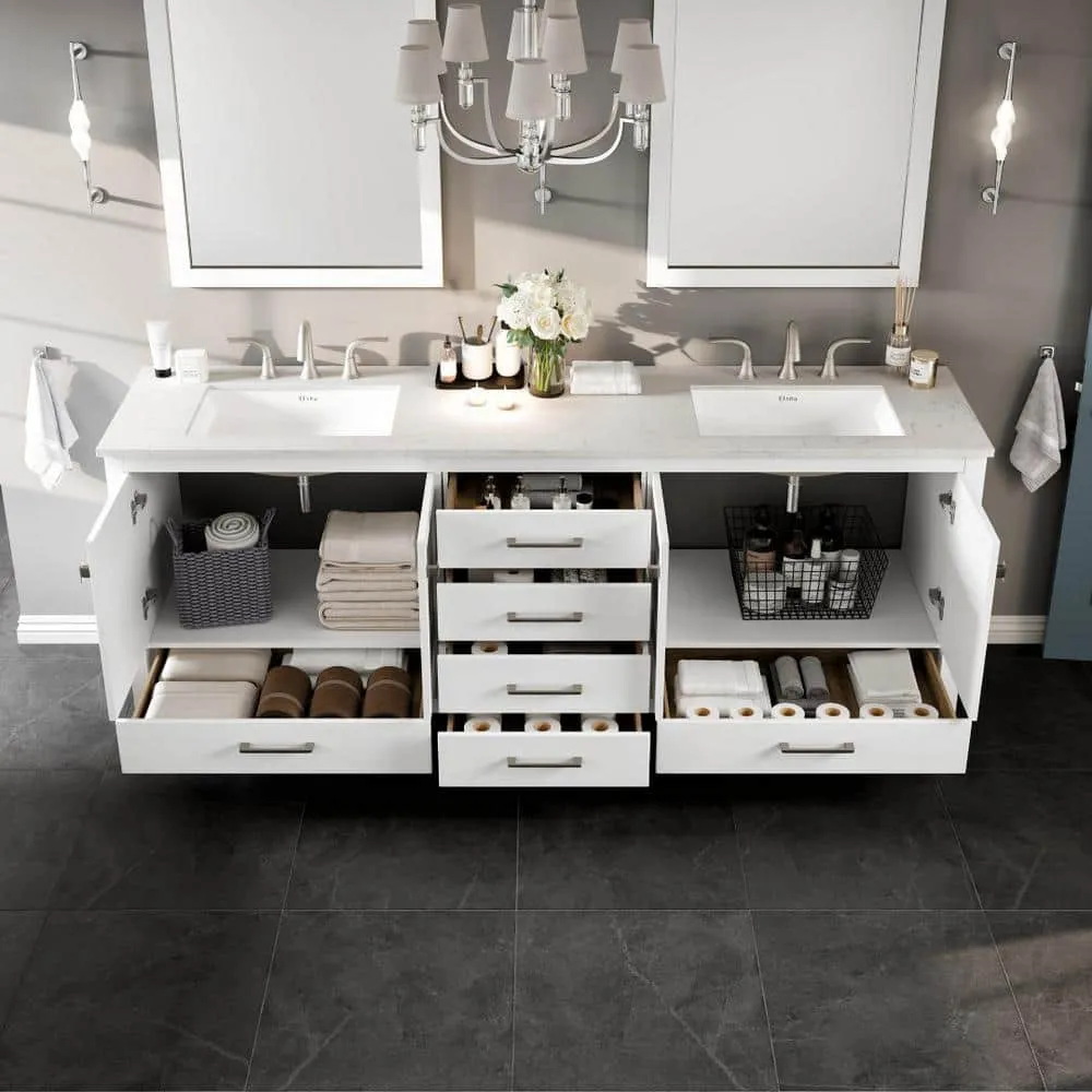 Eviva Aberdeen 84 in. W x 22 in. D x 34 in. H Double Bathroom Vanity in White with White Carrara Marble Top and White Undermount Sinks, photo 4 of 9
