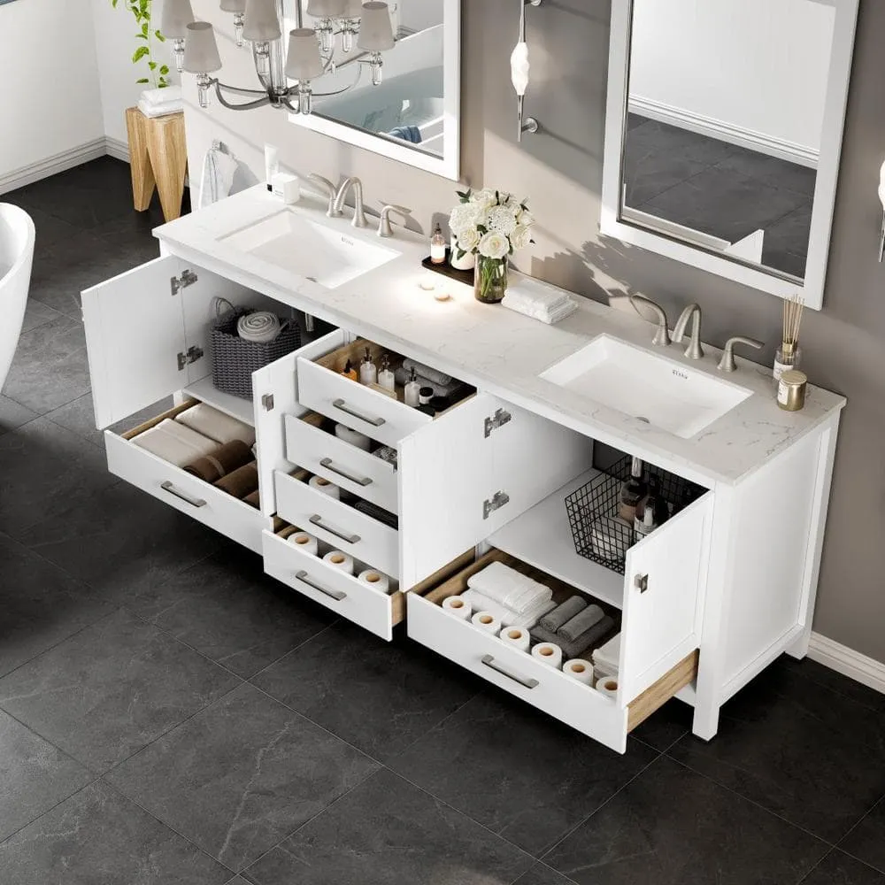 Eviva Aberdeen 84 in. W x 22 in. D x 34 in. H Double Bathroom Vanity in White with White Carrara Marble Top and White Undermount Sinks, photo 7 of 9