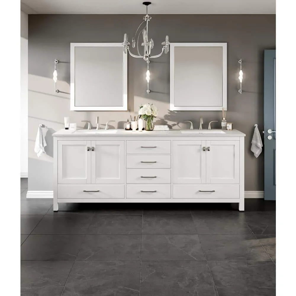 Eviva Aberdeen 84 in. W x 22 in. D x 34 in. H Double Bathroom Vanity in White with White Carrara Marble Top and White Undermount Sinks, photo 2 of 9