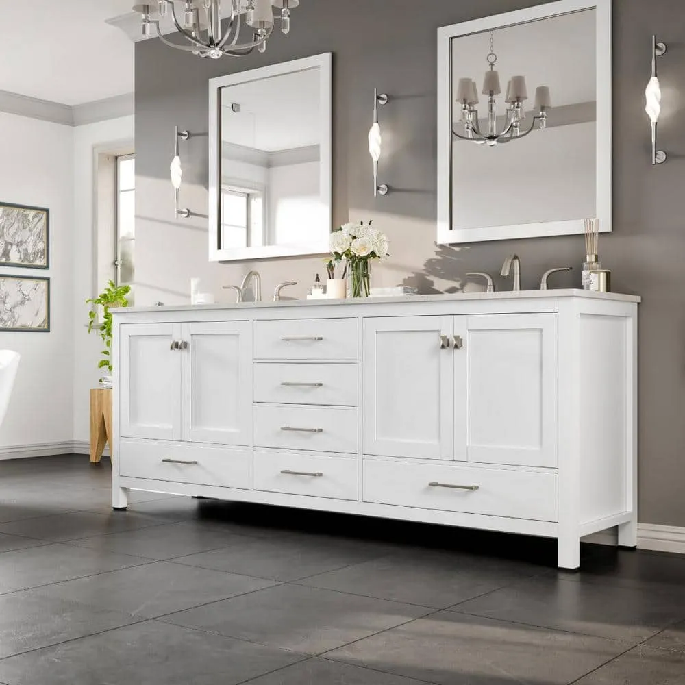 Eviva Aberdeen 84 in. W x 22 in. D x 34 in. H Double Bathroom Vanity in White with White Carrara Marble Top and White Undermount Sinks, photo 3 of 9
