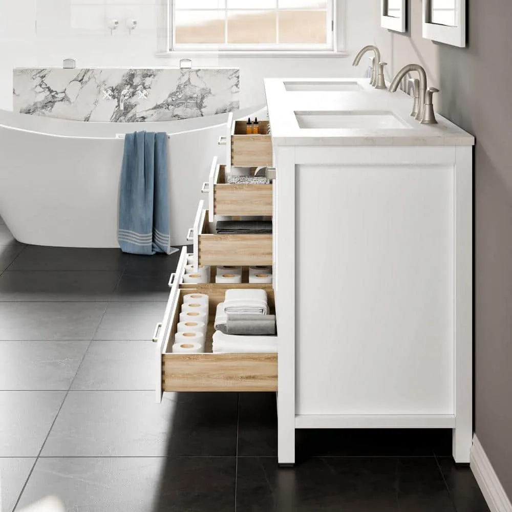 Eviva Aberdeen 84 in. W x 22 in. D x 34 in. H Double Bathroom Vanity in White with White Carrara Marble Top and White Undermount Sinks, photo 8 of 9