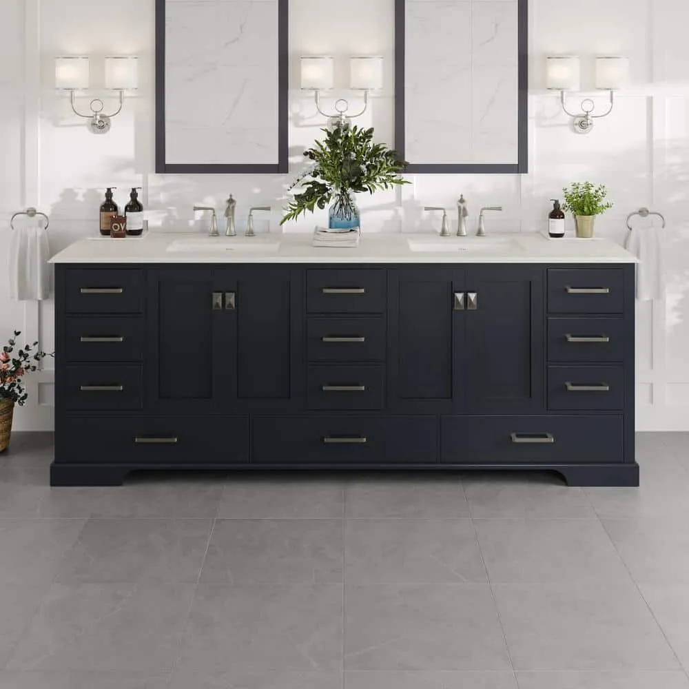 Eviva Storehouse 84 in. W x 22 in. D Dark Gray Bathroom Vanity with White Carrara Quartz Top and Rectangular Undermount Sinks, photo 2 of 3