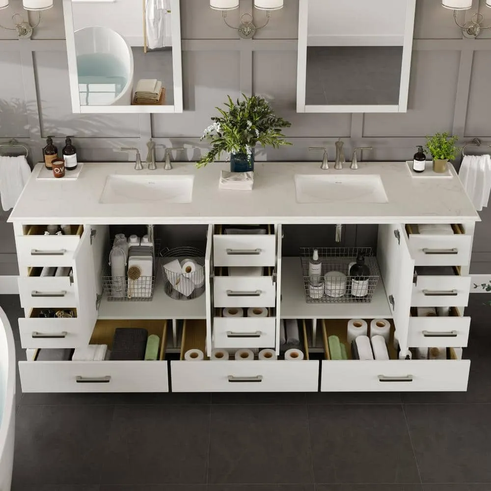 Eviva Storehouse 84 in. W x 22 in. D x 33 in. H Double Sink Freestanding Bath Vanity in White With White Carrara Quartz Top, photo 3 of 3