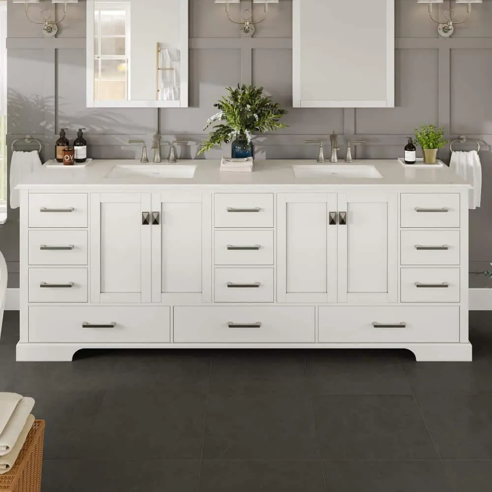 Eviva Storehouse 84 in. W x 22 in. D x 33 in. H Double Sink Freestanding Bath Vanity in White With White Carrara Quartz Top, photo 2 of 3