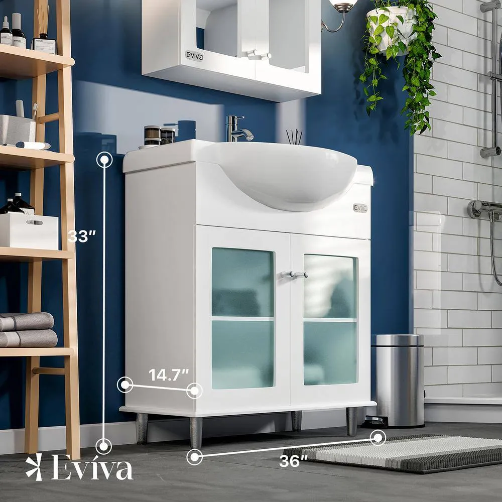 Eviva Tux 36 in. W x 14.7 in. D x 33 in. H Single Bath Vanity in White with White Porcelain Top with White Sink, photo 3 of 3