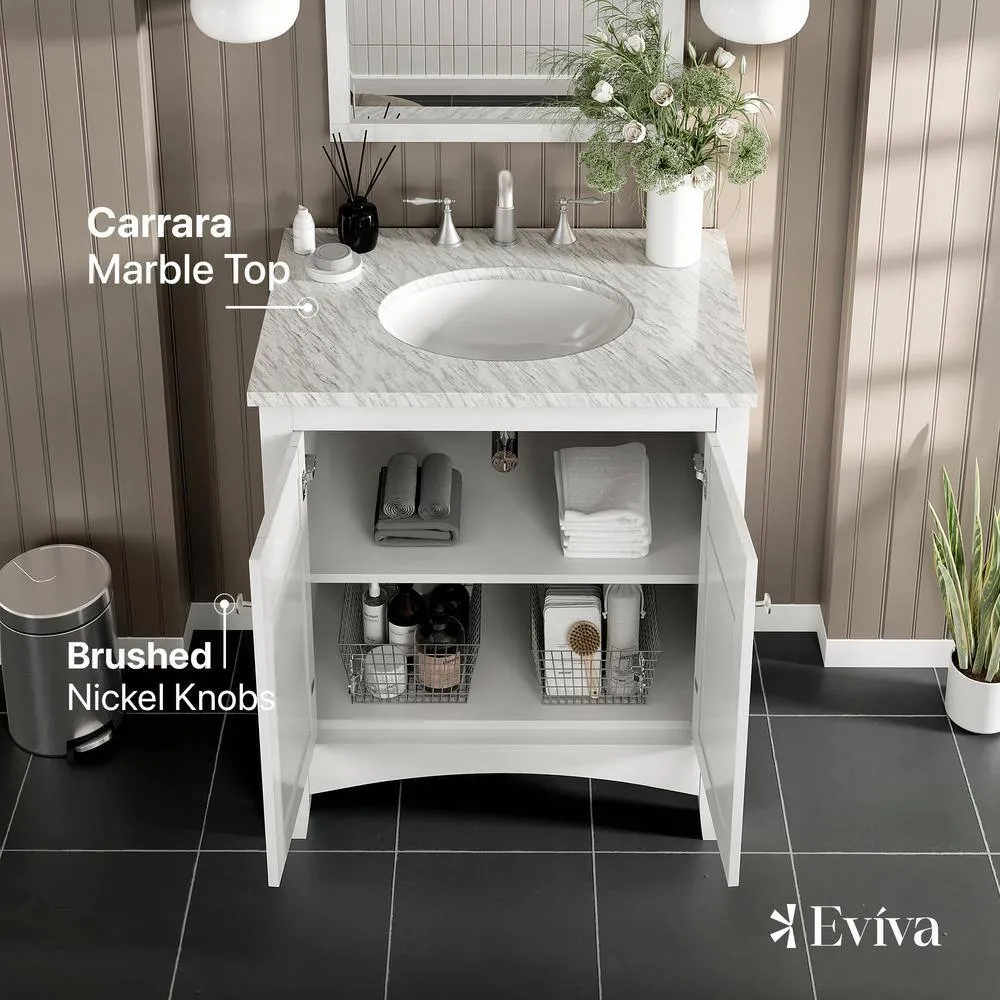 Eviva New York 30 in. W x 22 in. D x 34 in. H Bathroom Vanity in White with White Carrara Marble Top with White Sink, photo 3 of 3