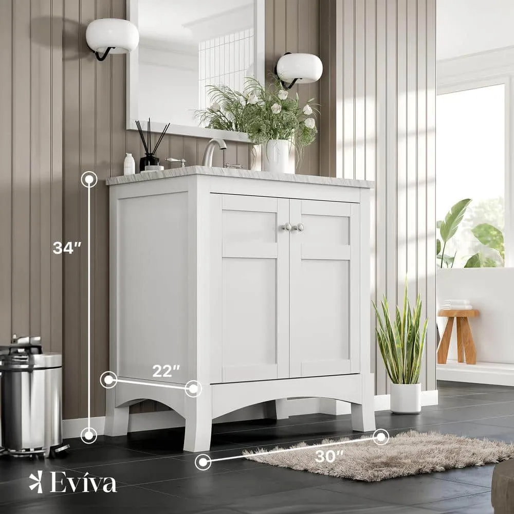Eviva New York 30 in. W x 22 in. D x 34 in. H Bathroom Vanity in White with White Carrara Marble Top with White Sink, photo 2 of 3