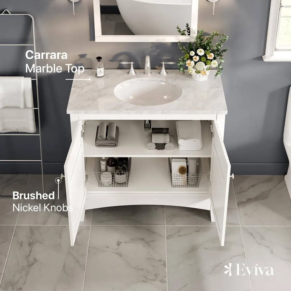 Eviva New York 36 in. W x 22 in. D x 34 in. H Bathroom Vanity in White with White Carrara Marble Top with White Sink, photo 3 of 3