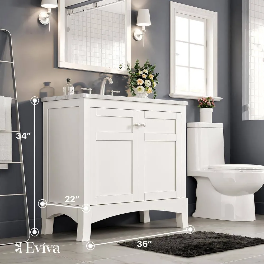Eviva New Jersey 36 in. W x 22 in. D x 34 in. H Freestanding Single Sink Bath Vanity in White with White Carrara Marble Top, photo 3 of 3