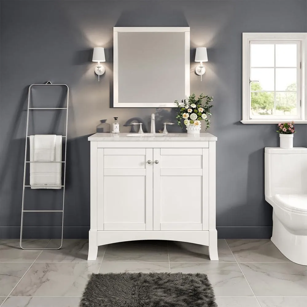 Eviva New Jersey 36 in. W x 22 in. D x 34 in. H Freestanding Single Sink Bath Vanity in White with White Carrara Marble Top, photo 2 of 3
