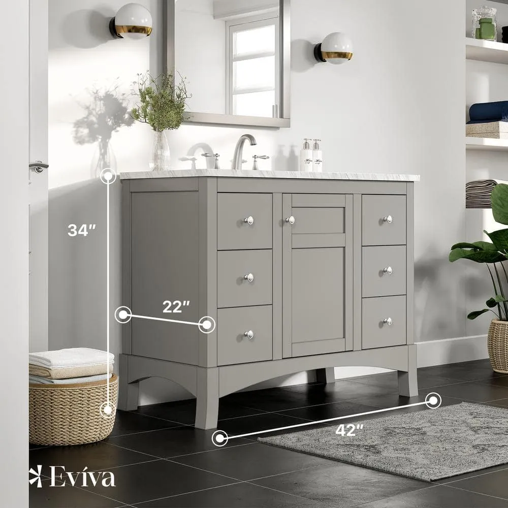 Eviva New York 42 in. W x 21.6 in. D x 32.6 in. H Bathroom Vanity in Gray with White Carrara Marble Top with White Sink, photo 3 of 3