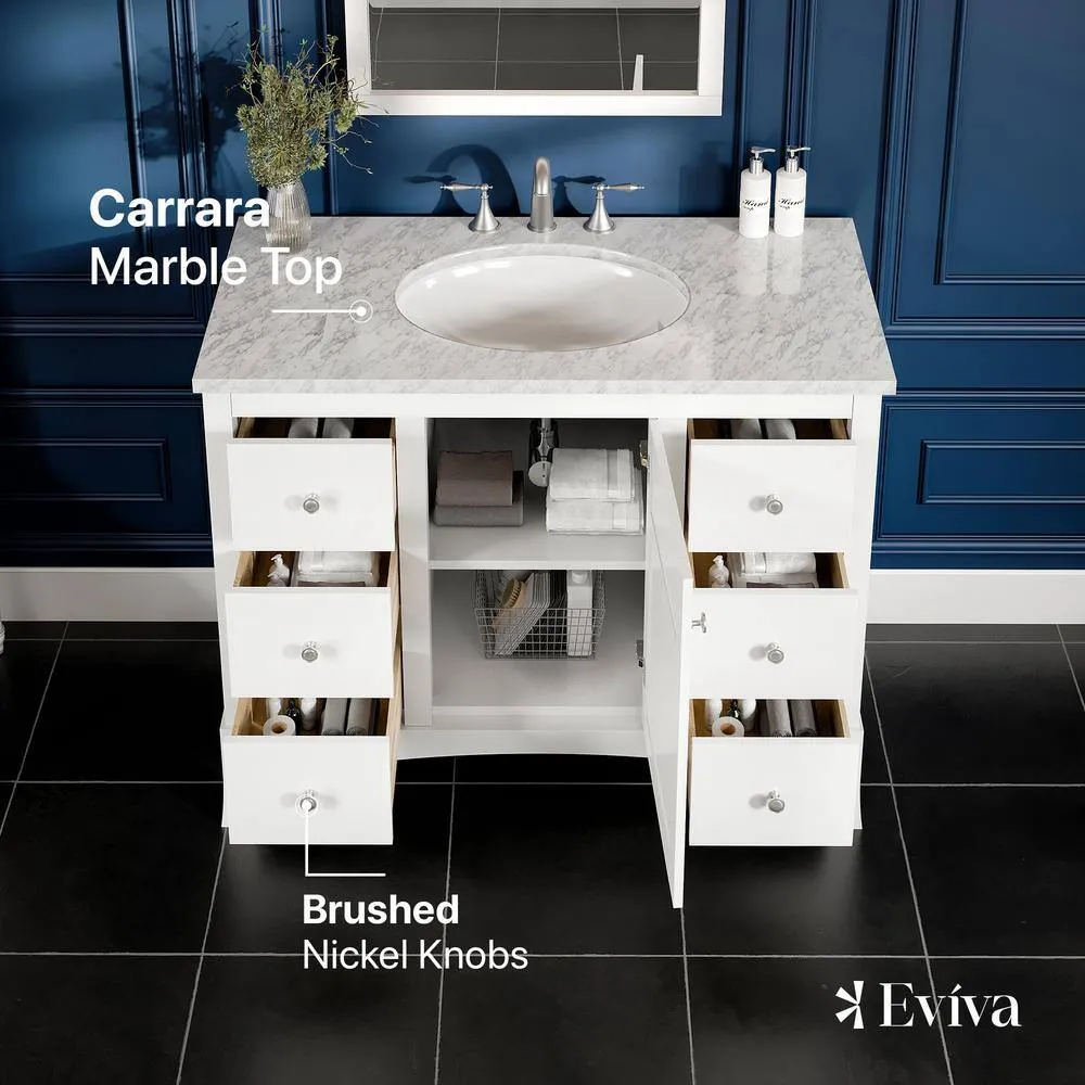 Eviva New York 42 in. W x 21.6 in. D x 32.6 in. H Bathroom Vanity in White with White Carrara Marble Top with White Sink, photo 3 of 3