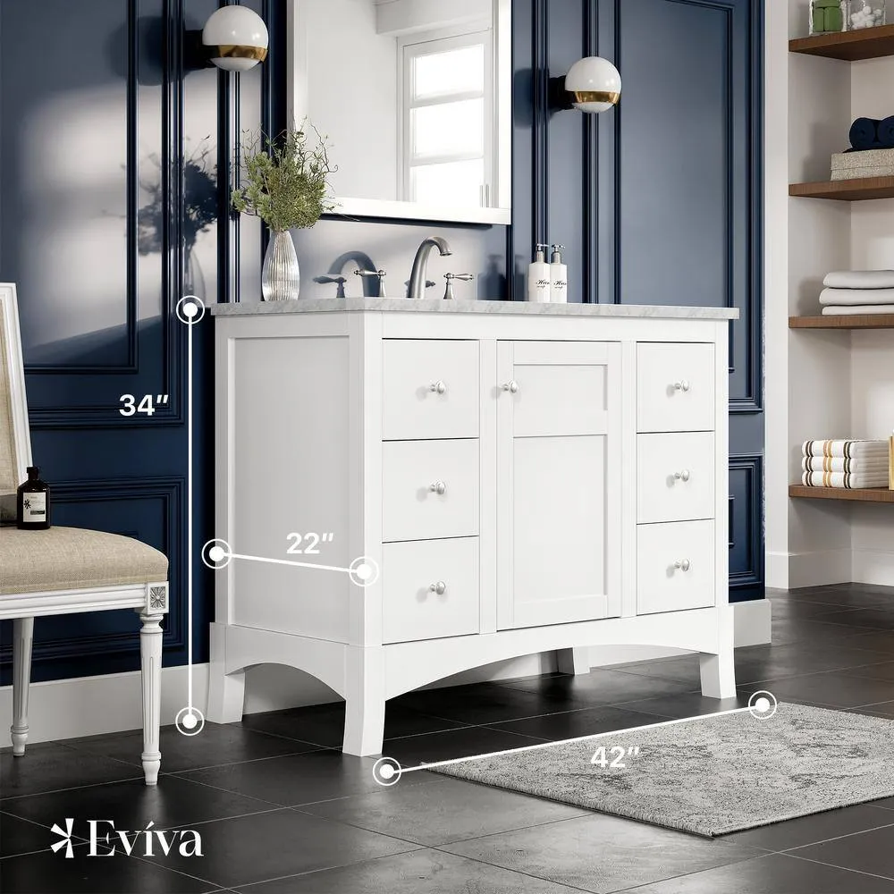 Eviva New York 42 in. W x 21.6 in. D x 32.6 in. H Bathroom Vanity in White with White Carrara Marble Top with White Sink, photo 2 of 3