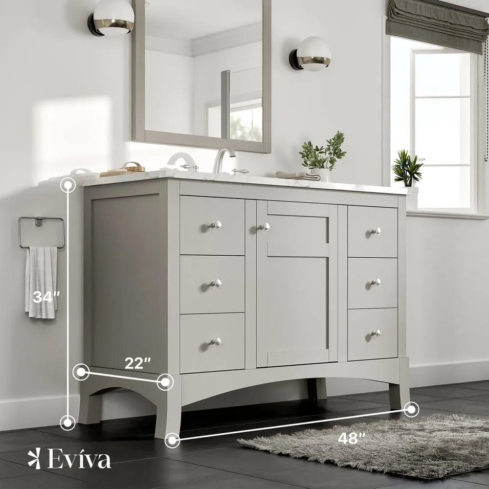 Eviva New York 48 in. W x 22 in. D x 34 in. H Bathroom Vanity in Gray with White Carrara Marble Vanity Top with White Sink, photo 3 of 3