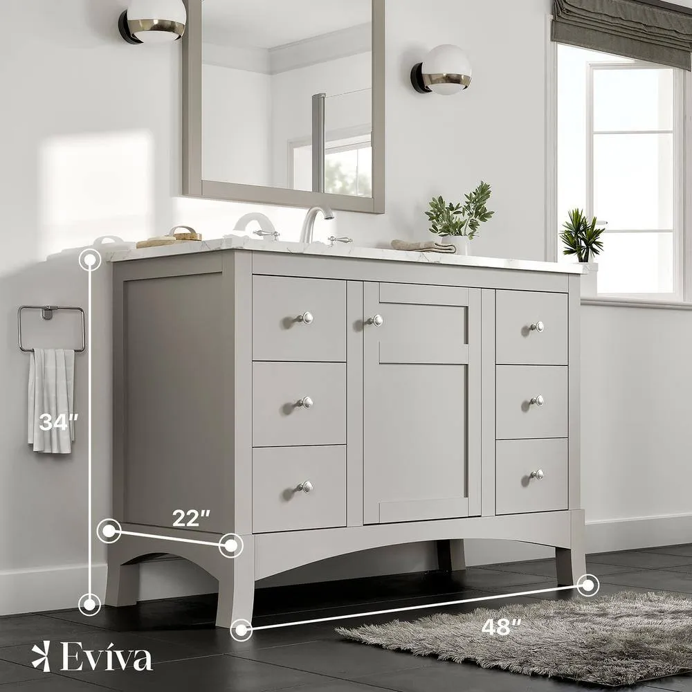 Eviva New Jersey 48 in. W x 22 in. D x 34 in. H Freestanding Single Sink Bath Vanity in Gray with White Carrara Marble Top, photo 3 of 3