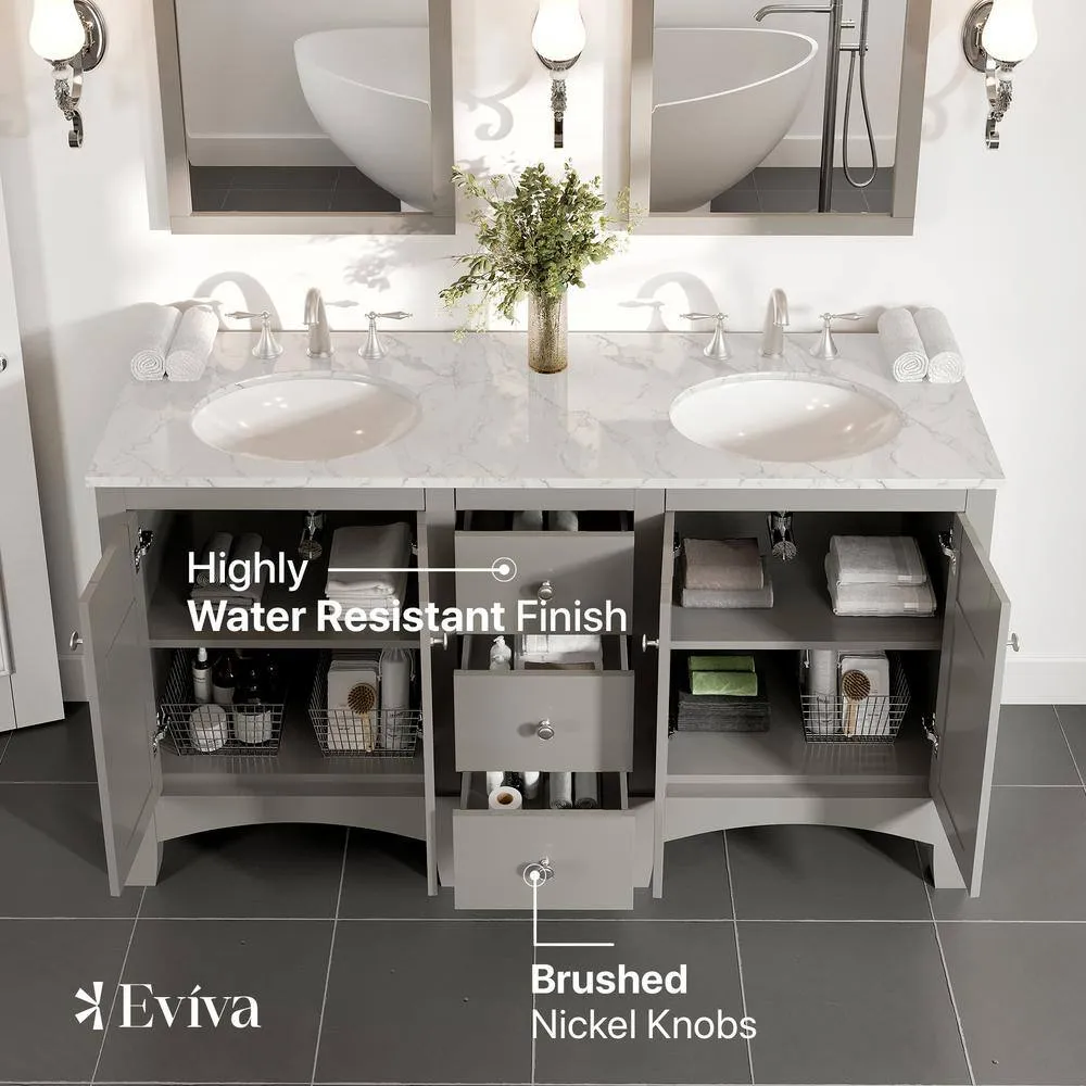Eviva New York 60 in. W x 22 in. D x 34 in. H Bathroom Vanity in Gray with White Carrara Marble Vanity Top with White Sink, photo 3 of 3