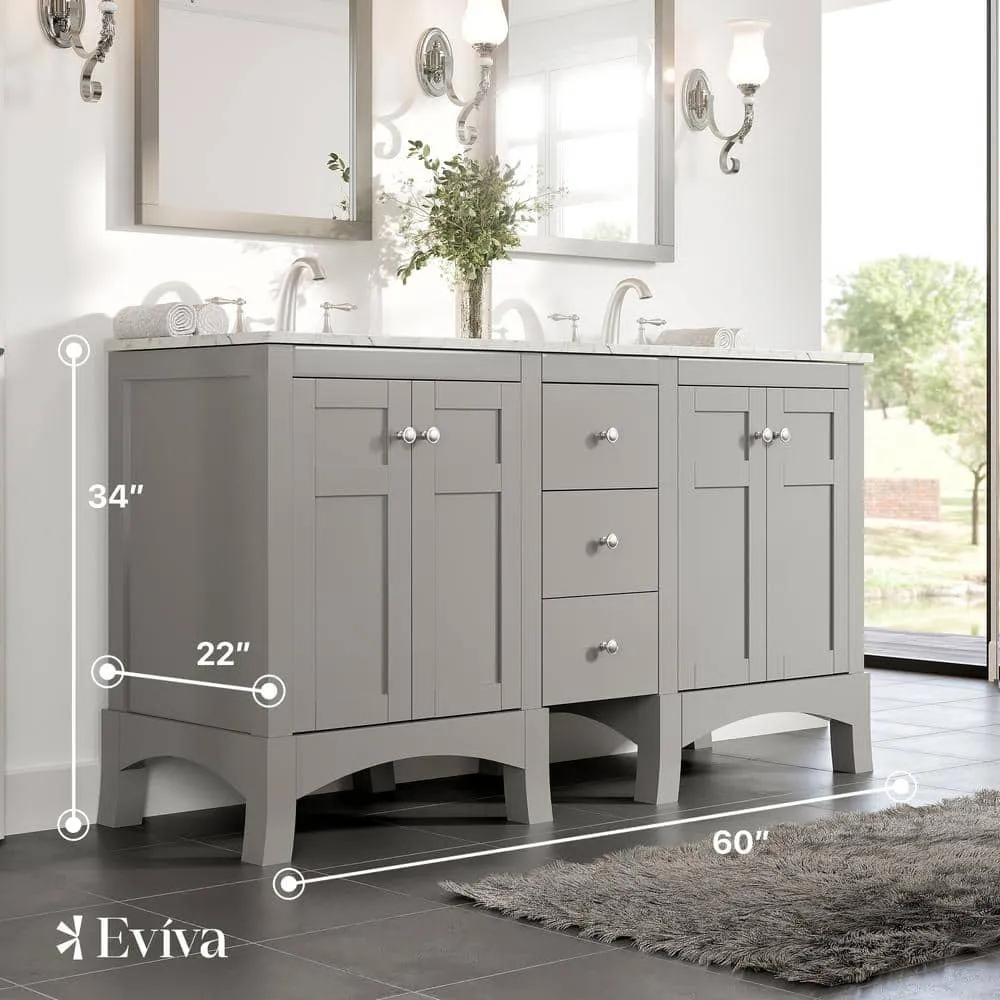 Eviva New York 60 in. W x 22 in. D x 34 in. H Bathroom Vanity in Gray with White Carrara Marble Vanity Top with White Sink, photo 2 of 3