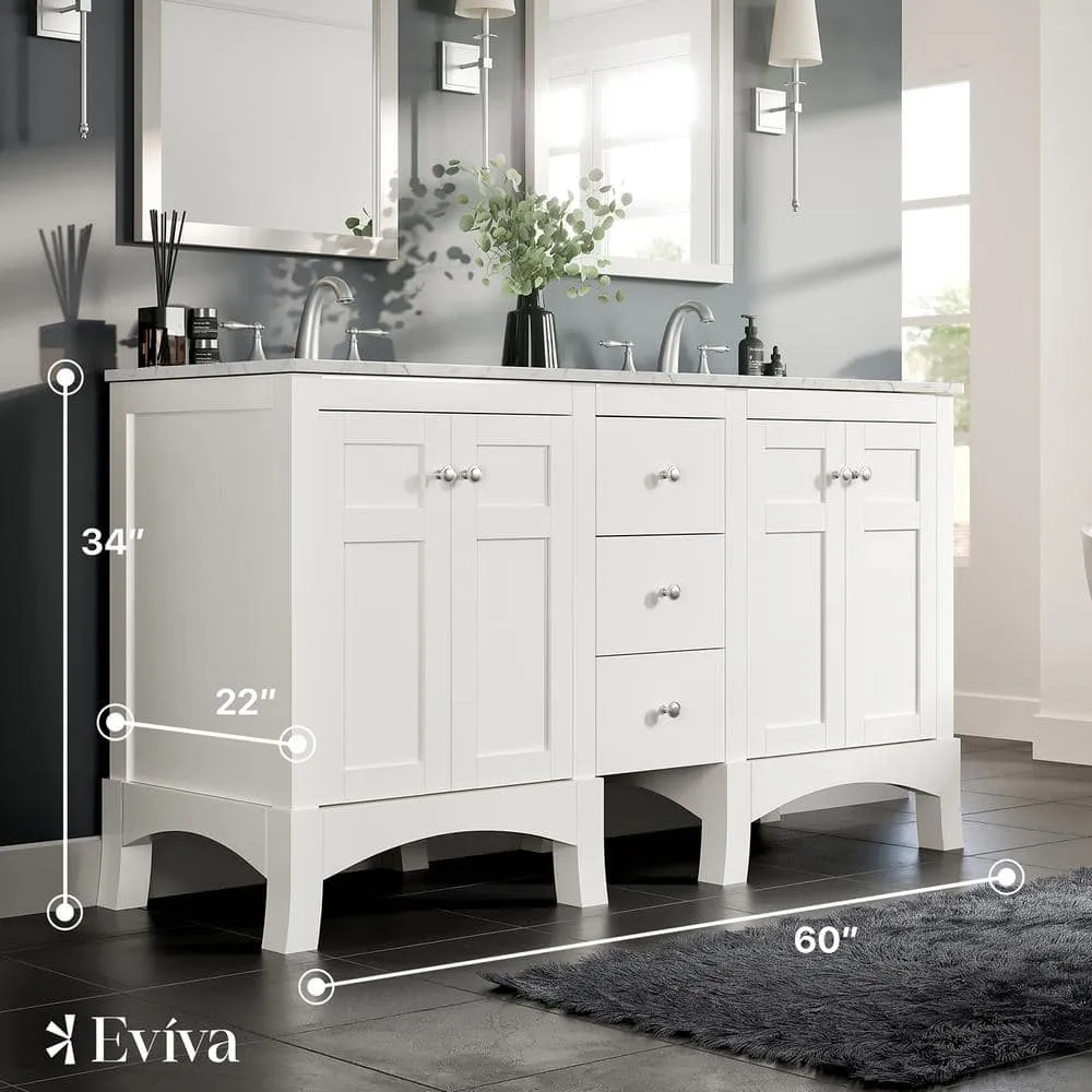 Eviva New Jersey 60 in. W x 22 in. D x 34 in. H Freestanding Double Sinks Bath Vanity in White with White Carrara Marble Top, photo 3 of 3