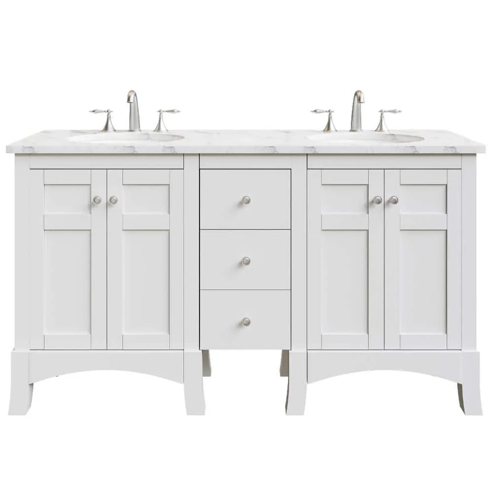 Eviva New Jersey 60 in. W x 22 in. D x 34 in. H Freestanding Double Sinks Bath Vanity in White with White Carrara Marble Top, photo 2 of 3