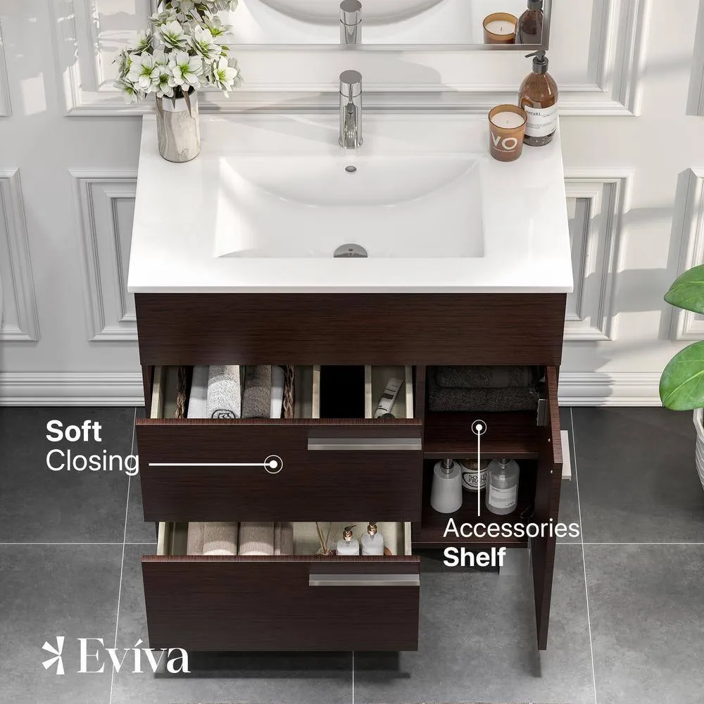 Eviva Cup 31.50 in. W x 18 in. D x 34 in. H Bath Vanity in Wenge (Dark Brown) with White Ceramic Top with White Sink, photo 3 of 3