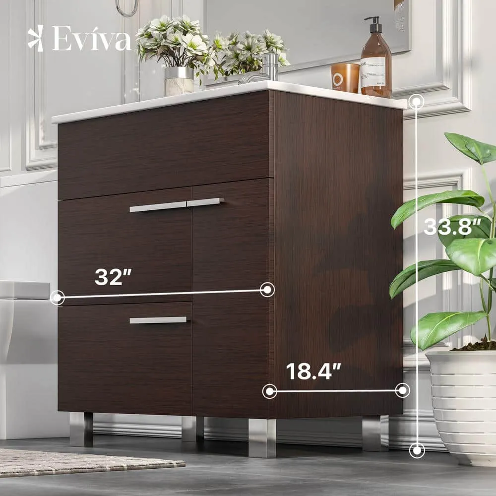 Eviva Cup 31.50 in. W x 18 in. D x 34 in. H Bath Vanity in Wenge (Dark Brown) with White Ceramic Top with White Sink, photo 2 of 3