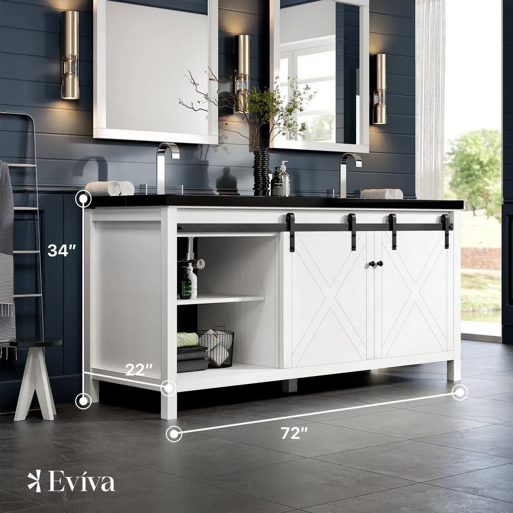 Eviva Dallas 72 in. W x 22 in. D x 34 in. H Double Bath Vanity in White with Black Granite Top with Black Sinks, photo 3 of 3